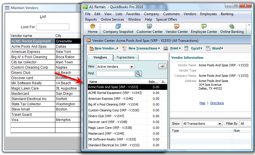 Export Visual Rental Pro vendors into QuickBooks